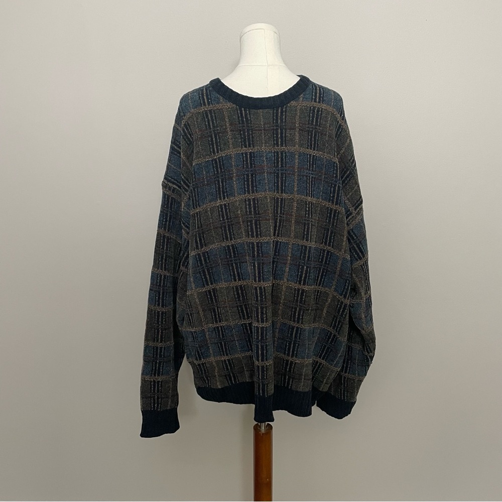 Vintage Y2K Dockers Sweater Chenille Soft Oversized Grandpa Plaid Green Blue